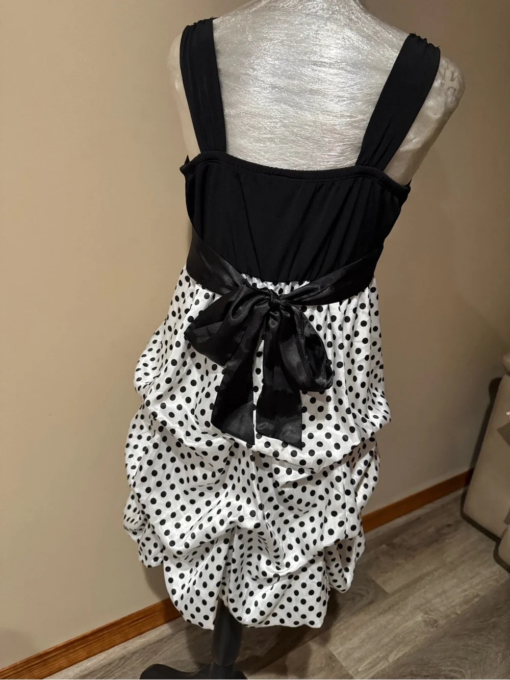Iz Byer Black and White Polka Dot Bubble Hem Formal Dress